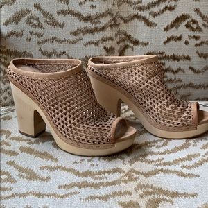 Chunky high heel mules leather latticework